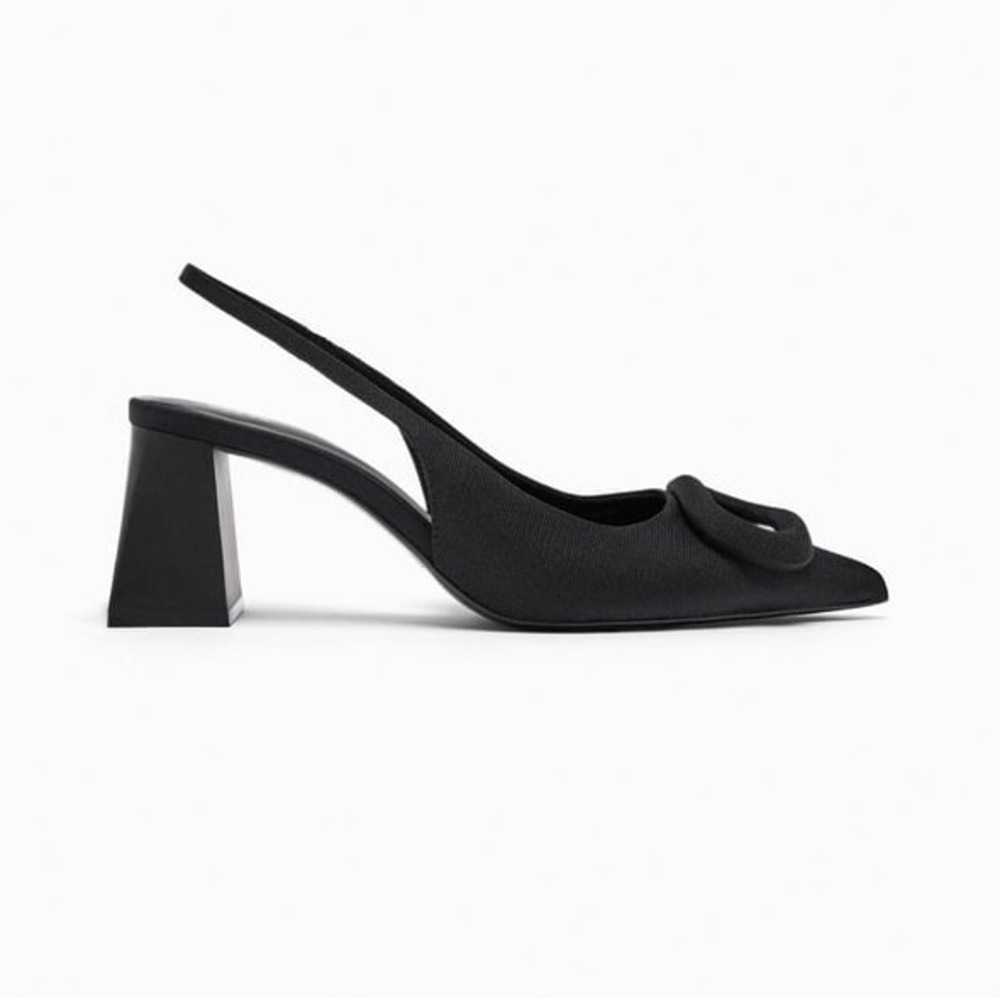 NWT. Zara Black High-Heel Slingback Court Shoes with Embellished Details Size 8.